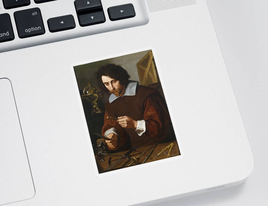 Pietro Paolini Sticker featuring the painting An inventor of mathematical instruments by Pietro Paolini