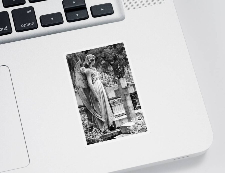Steven Bateson Sticker featuring the photograph Angel With Cross Of Bonaventure Cemetery by Steven Bateson