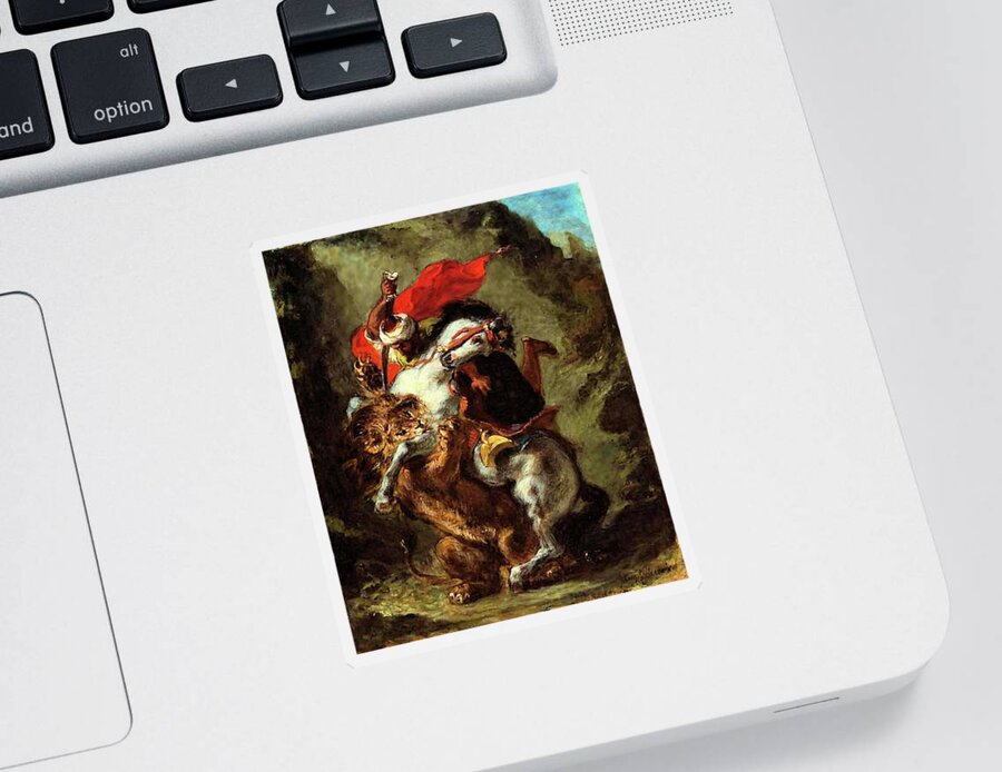 Arab Sticker featuring the painting Arab Horseman Attacked by a Lion by Eugene Delacroix