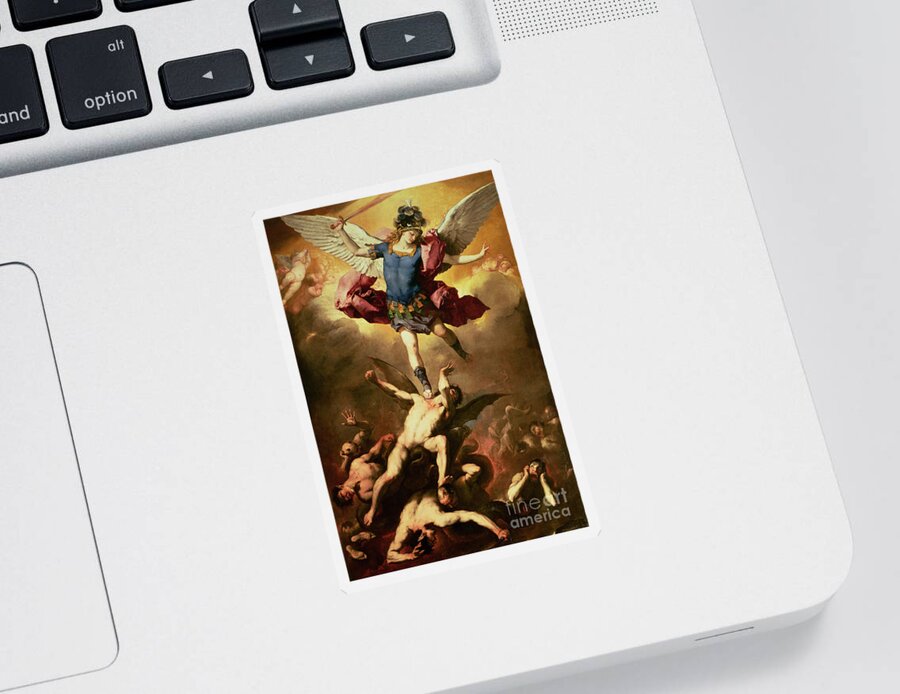 Guardian Angel Sticker featuring the painting Archangel Michael overthrows the rebel angel by Luca Giordano
