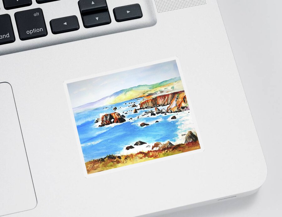 Ocean Sticker featuring the painting Arched Rock Sonoma Coast California by Carlin Blahnik CarlinArtWatercolor