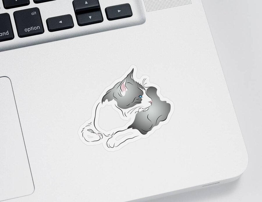 Graphic Cat Sticker featuring the digital art Grey and White Cat in Profile Graphic by MM Anderson