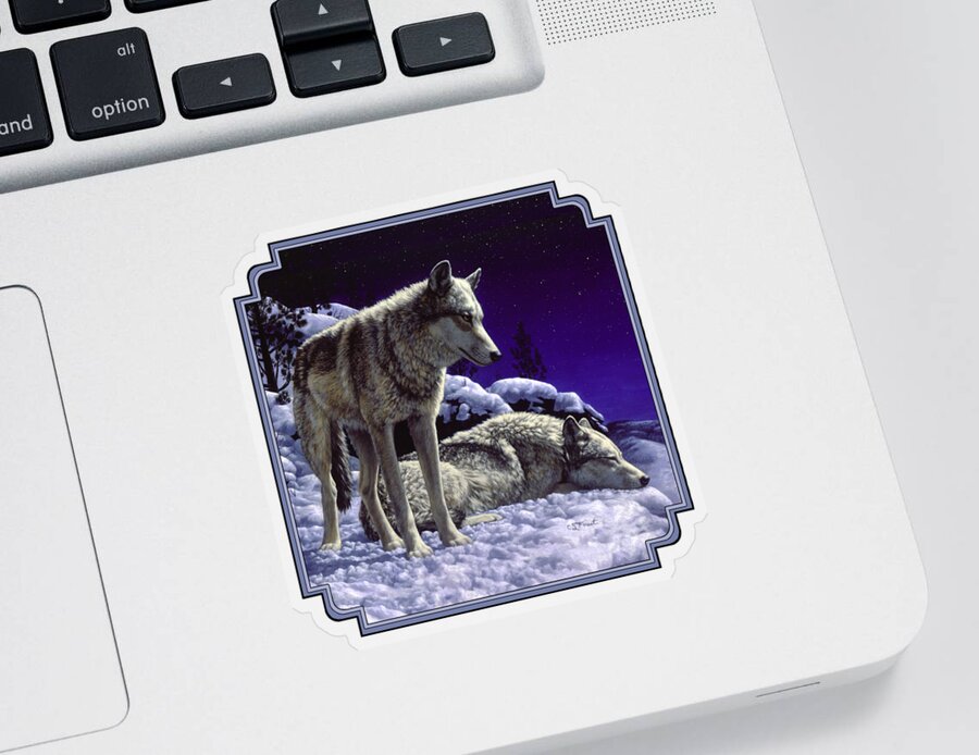 Wolf Sticker featuring the painting Wolf Painting - Night Watch by Crista Forest