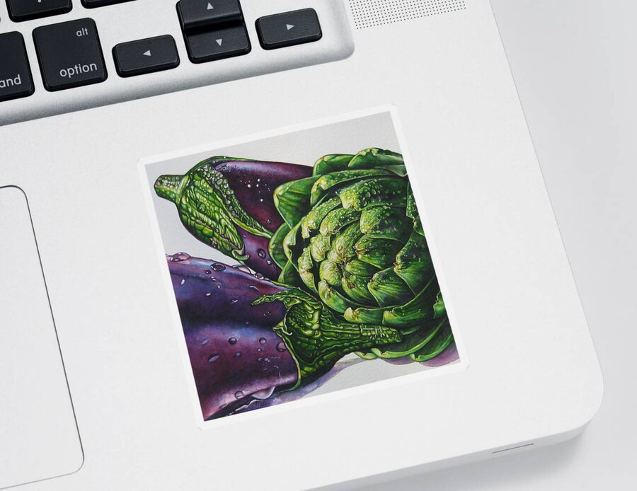 Aubergines And An Artichoke Painting Sticker featuring the painting Aubergines and an Artichoke by Tracy Male