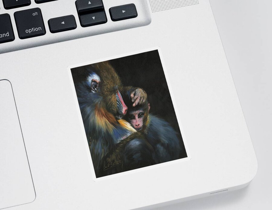 Baboob Sticker featuring the painting Baboon Mother and Baby by David Stribbling
