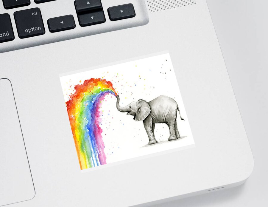 Baby Sticker featuring the painting Baby Elephant Spraying Rainbow by Olga Shvartsur