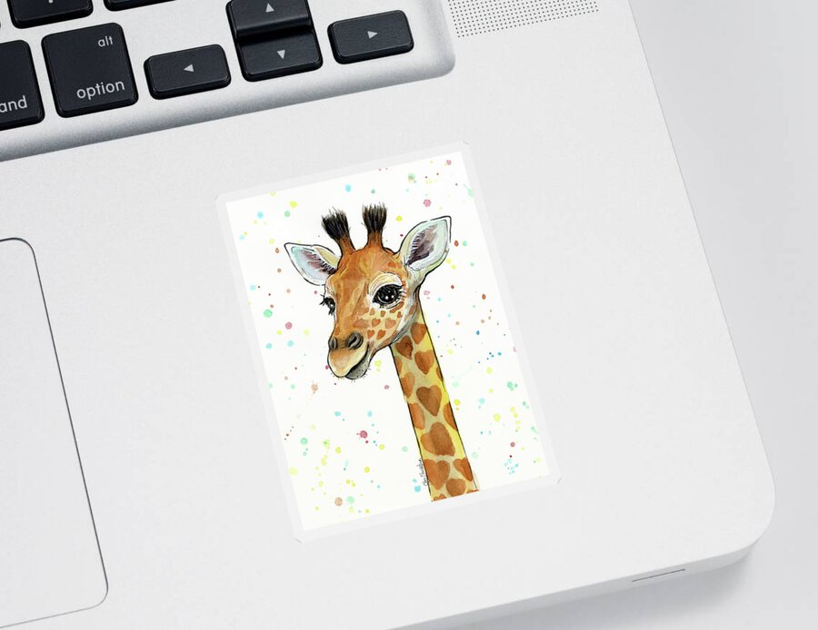 Watercolor Giraffe Sticker featuring the painting Baby Giraffe Watercolor with Heart Shaped Spots by Olga Shvartsur