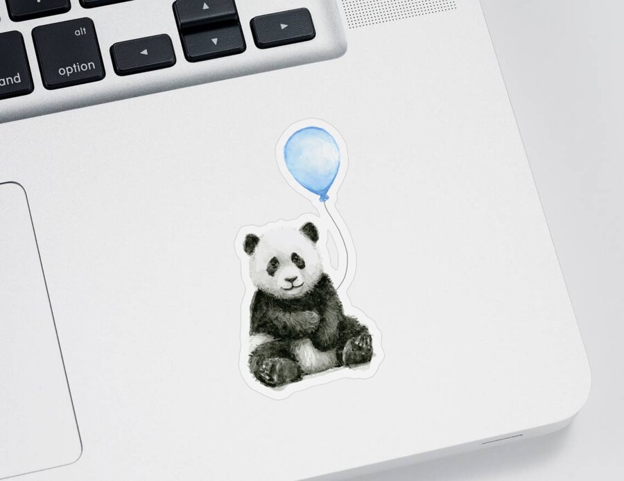 Baby Panda Sticker featuring the painting Baby Panda with Blue Balloon Watercolor by Olga Shvartsur