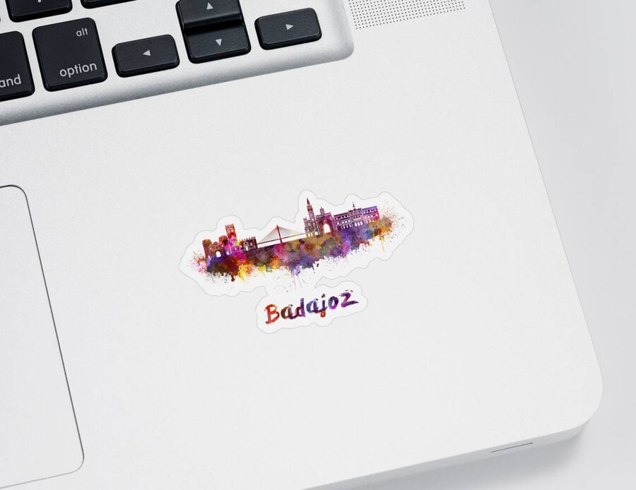 Badajoz Sticker featuring the painting Badajoz skyline in watercolor by Pablo Romero