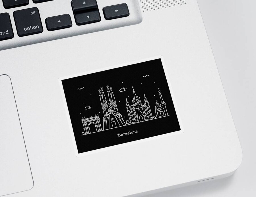 Barcelona Sticker featuring the drawing Barcelona Skyline Travel Poster by Inspirowl Design