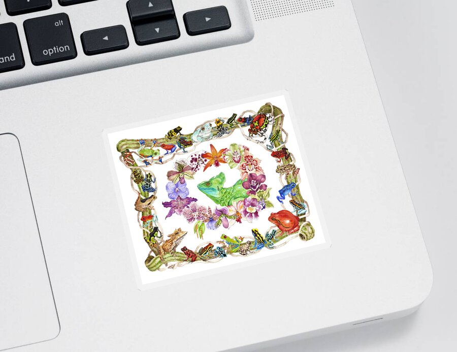 Frogs Sticker featuring the painting Basilisk, Orchids, Frogs by Lucy Arnold