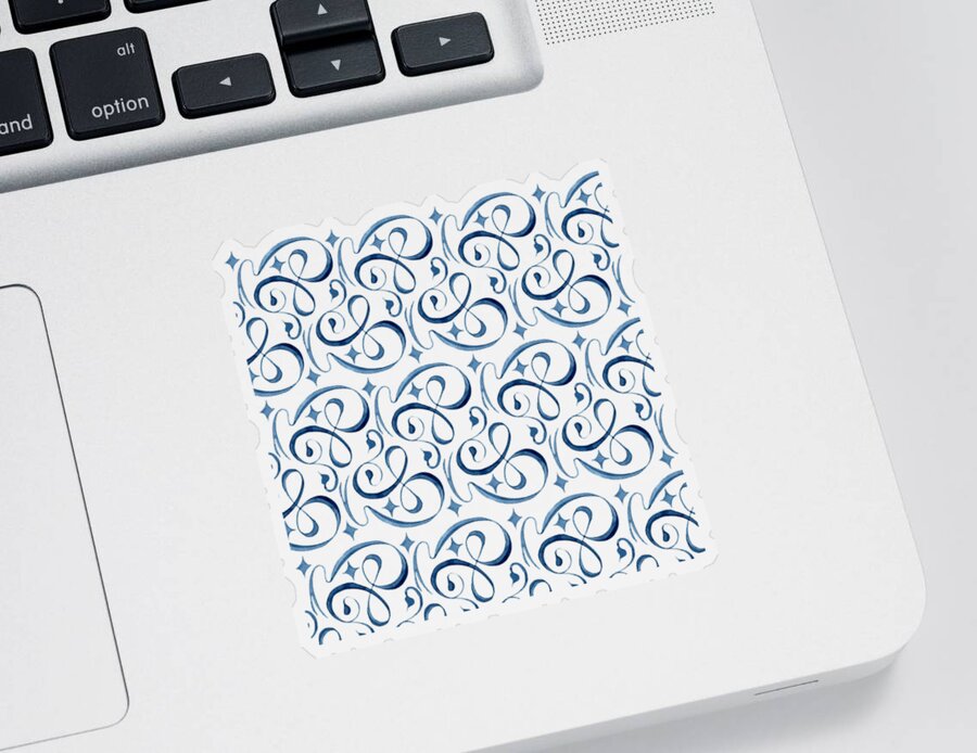 Indigo Blue Sticker featuring the painting Beach House Indigo Star Swirl Scroll Pattern by Audrey Jeanne Roberts