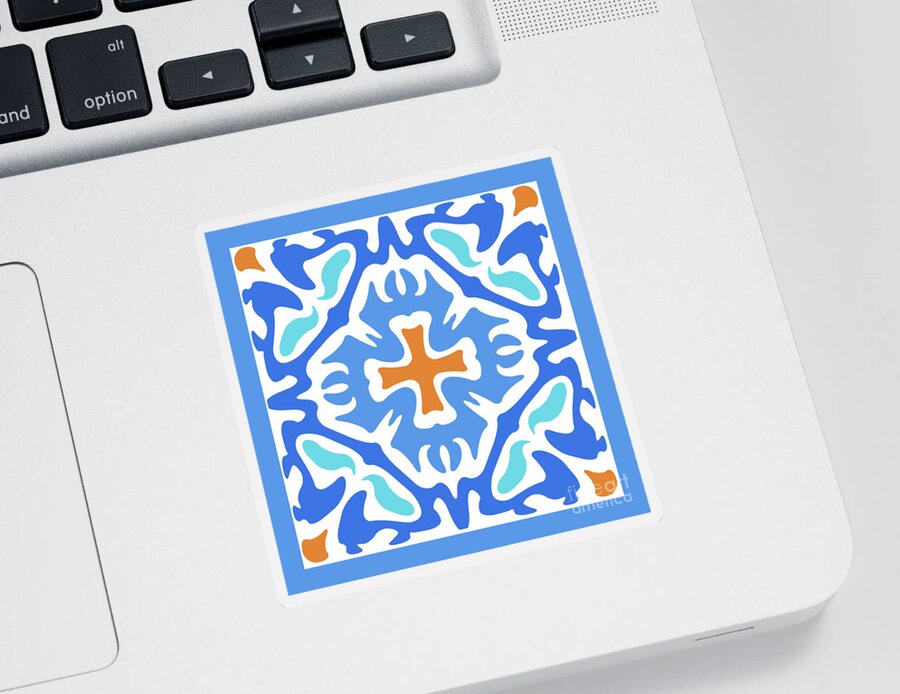 Blue Sticker featuring the digital art Beachy Blue Abstract with Orange Accent by Melissa A Benson