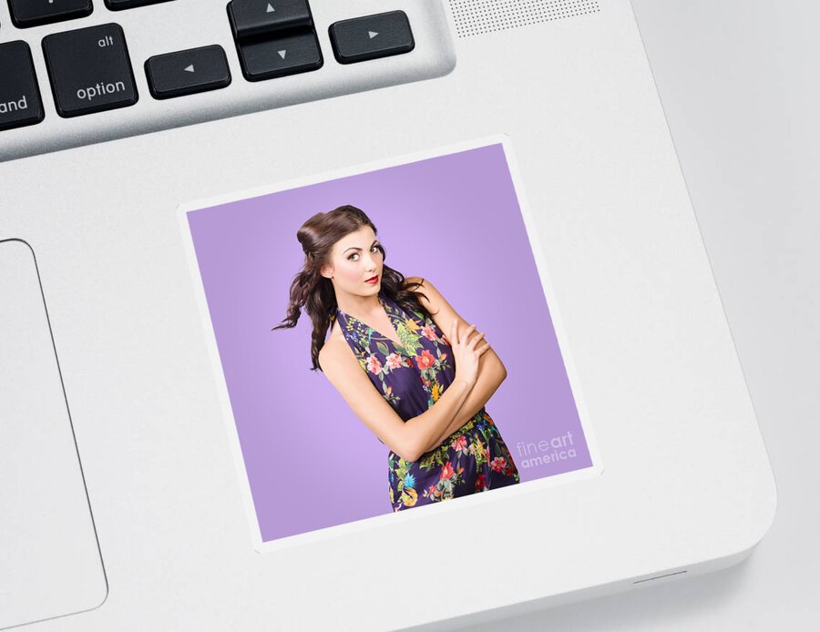 Purple Sticker featuring the photograph Beautiful young brunette girl in purple dress by Jorgo Photography