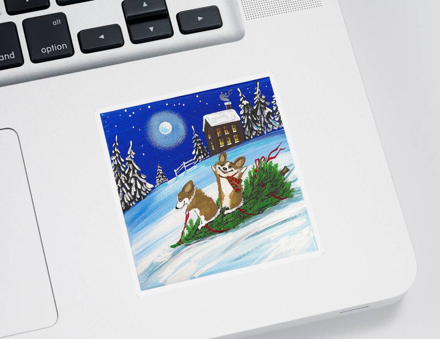 Print Sticker featuring the painting Bennie and Bunny Christmas Tree Ride by Margaryta Yermolayeva