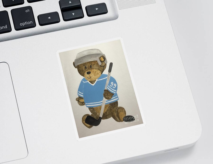 Kids Sticker featuring the painting Benny bear hockey by Tamir Barkan