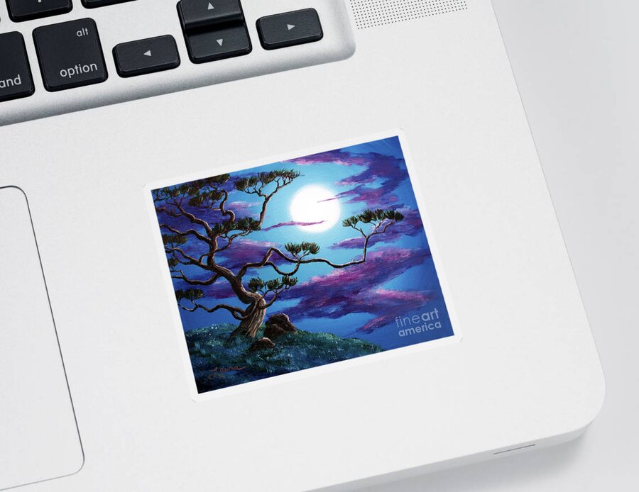 Zenbreeze Sticker featuring the painting Bent Pine Tree at Moonrise by Laura Iverson