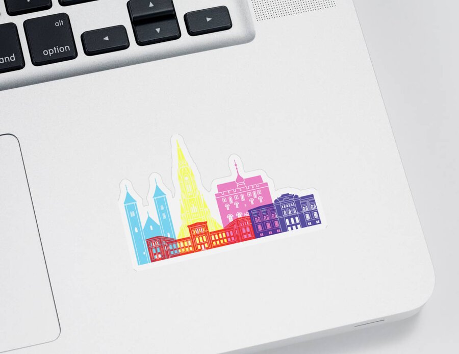 Bergen Sticker featuring the painting Bergen skyline pop by Pablo Romero
