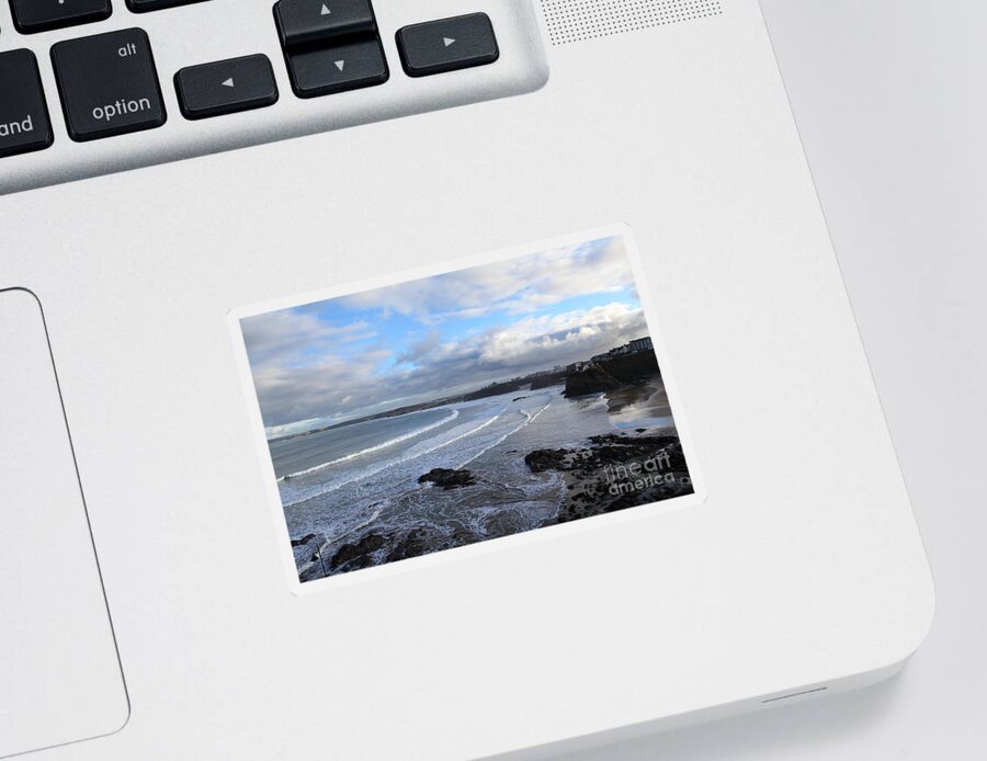 Newquay Cornwall England Coastal Weather Storms Rain Rainfall Sunshine Sun Glistening Bright Ocean Sea Waves Watery Wet Stormy Winter New Year Clouds Sticker featuring the photograph Between Cornish Storms 2 by Nicholas Burningham