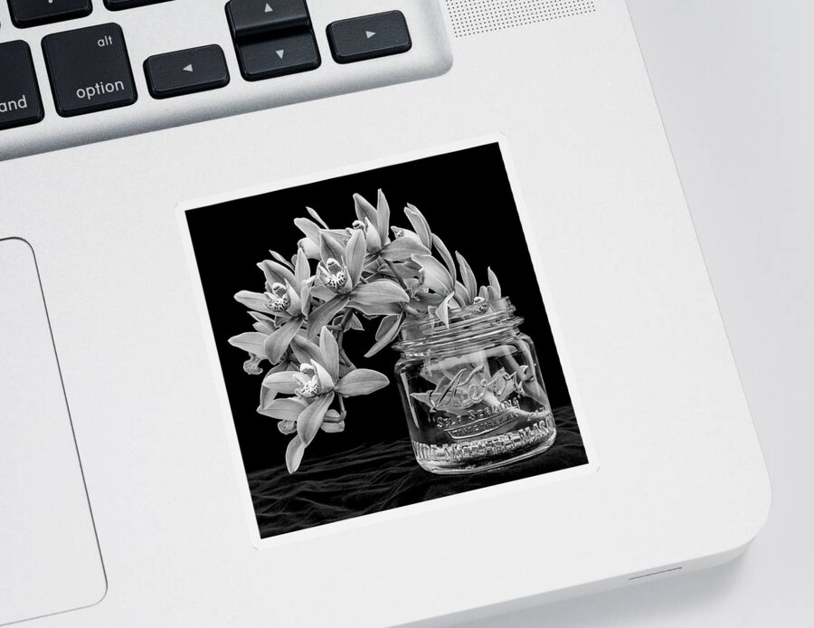 Orchid Sticker featuring the photograph Black and White Orchid Antique Mason Jar by Kathy Anselmo