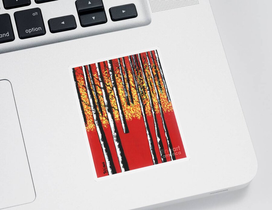 #trees #birches #forests #woods #woodlands #red #yellow #blackandwhite Sticker featuring the painting Blazing Birches by Allison Constantino
