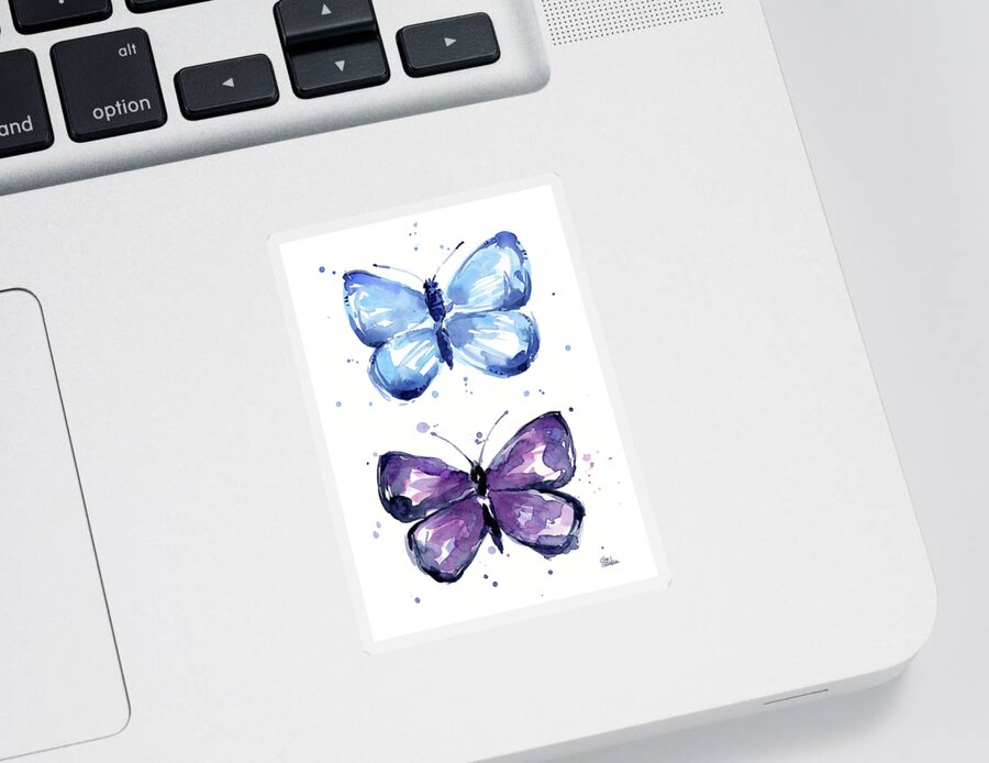 Abstract Sticker featuring the painting Butterflies Blue and Purple by Olga Shvartsur