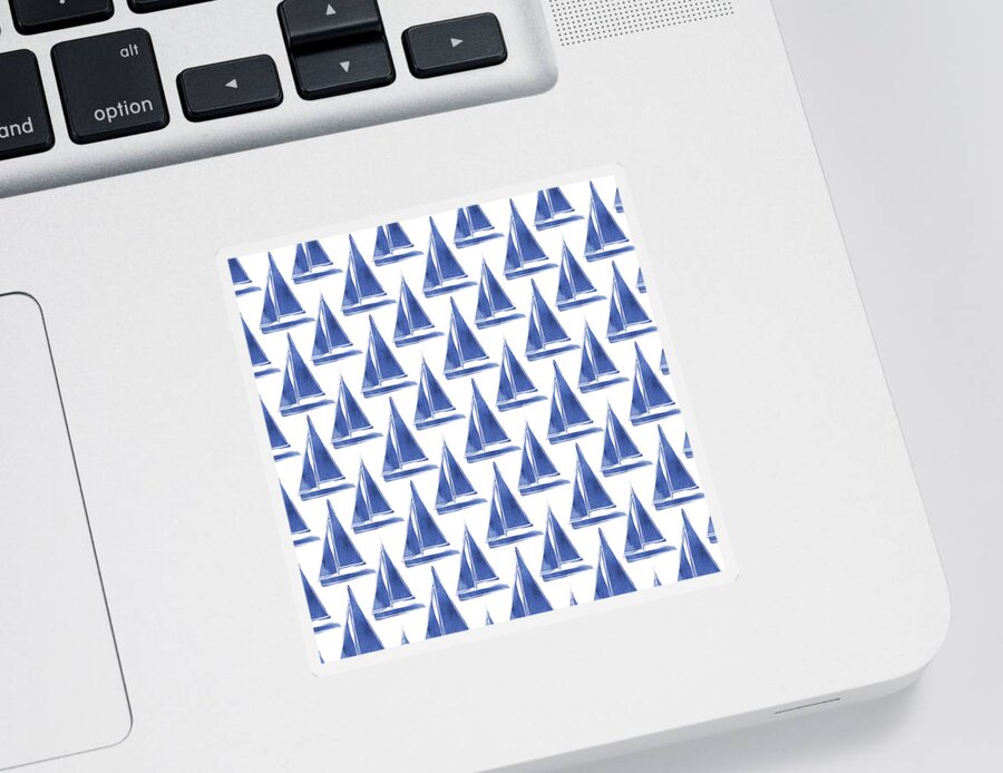 Boats Sticker featuring the digital art Blue and White Sailboats Pattern- Art by Linda Woods by Linda Woods