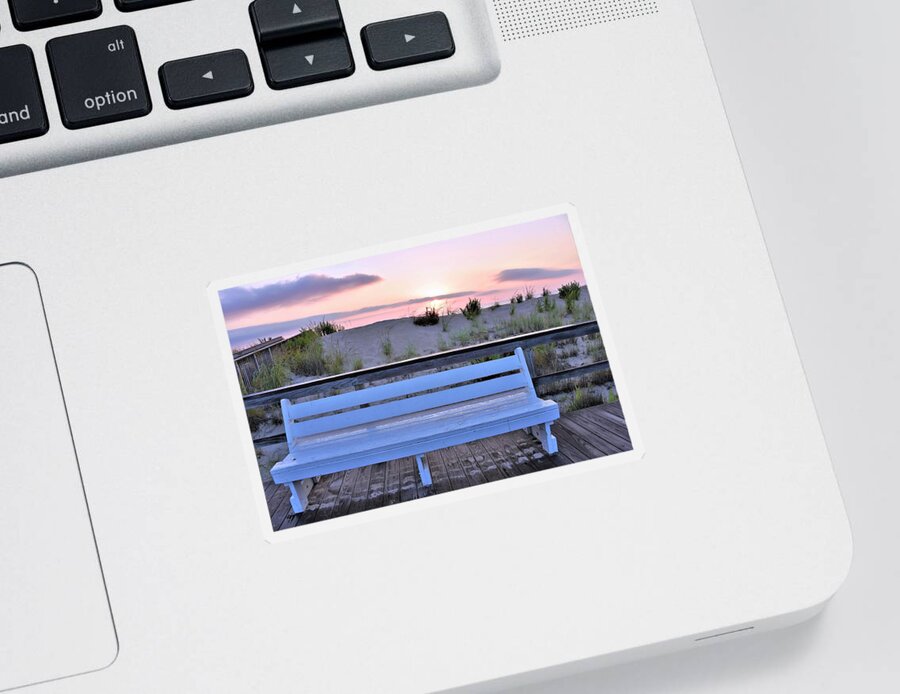 Boardwalk Sticker featuring the photograph A Welcome Invitation - The Boardwalk Bench by Kim Bemis