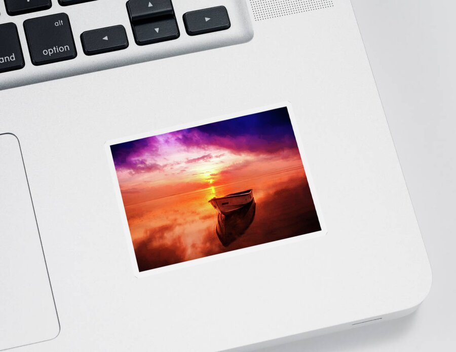 Sunset Sticker featuring the digital art Boat at Sunset by Roy Pedersen