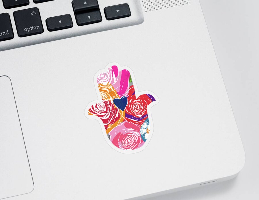 Floral Sticker featuring the mixed media Bold Floral Hamsa- Art by Linda Woods by Linda Woods