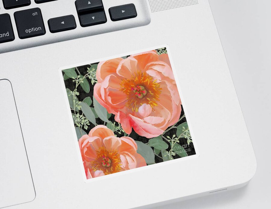 Peach Peony Sticker featuring the painting Bold Peony Seeded Eucalyptus leaves by Audrey Jeanne Roberts