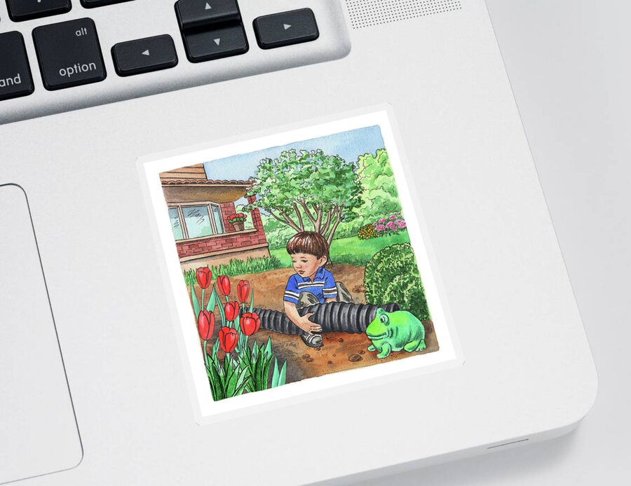 Boy Sticker featuring the painting Boy In The Garden Helping Parents by Irina Sztukowski