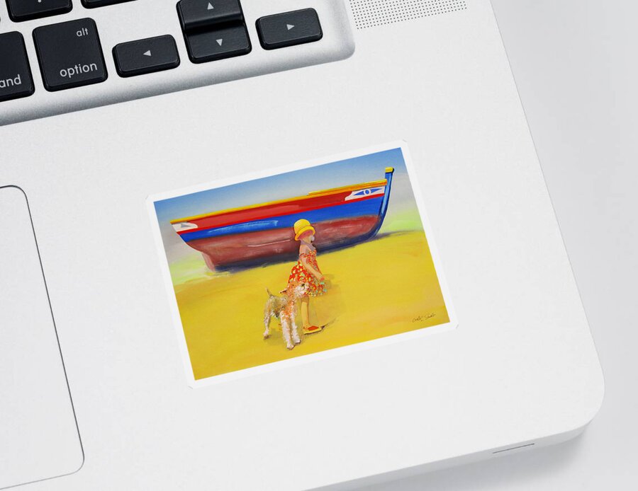 Wire Haired Fox Terrier Sticker featuring the painting Brightly Painted Wooden Boats With Terrier and Friend by Charles Stuart