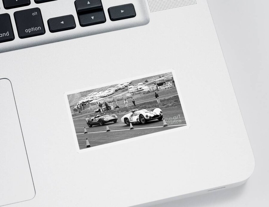 Can-am Sticker featuring the photograph Bruce McLaren exits turn 9 at Laguna Seca by Robert K Blaisdell