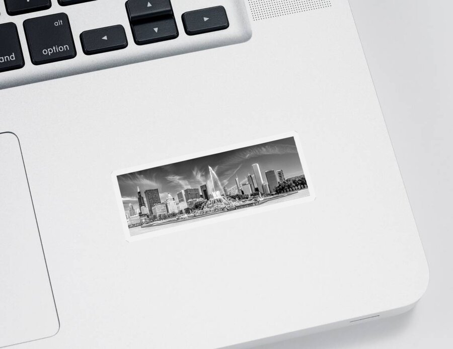 Chicago Sticker featuring the photograph Buckingham Fountain Skyline Panorama Black and White by Christopher Arndt