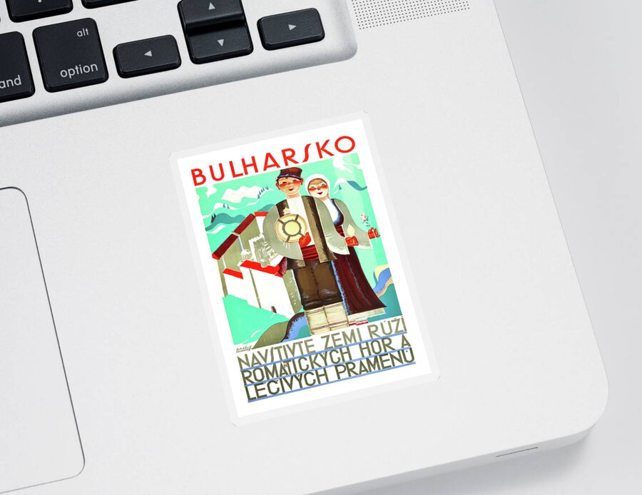 Bulgaria Sticker featuring the painting Bulgaria, couple in traditional costumes, vintage travel poster by Long Shot