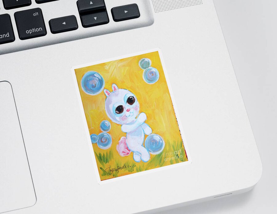 Bunny Sticker featuring the mixed media Bunny and the Bubbles Painting for Children by Shelley Overton