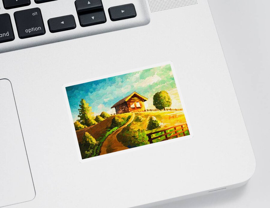 Green Sticker featuring the painting Cabin on Hill by Anthony Mwangi