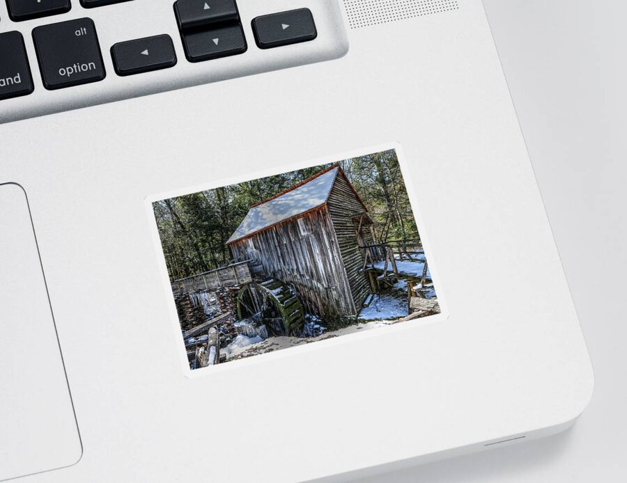 John P.cable Grist Mill Sticker featuring the photograph Cades Cove Grist Mill In Winter by Carol Montoya