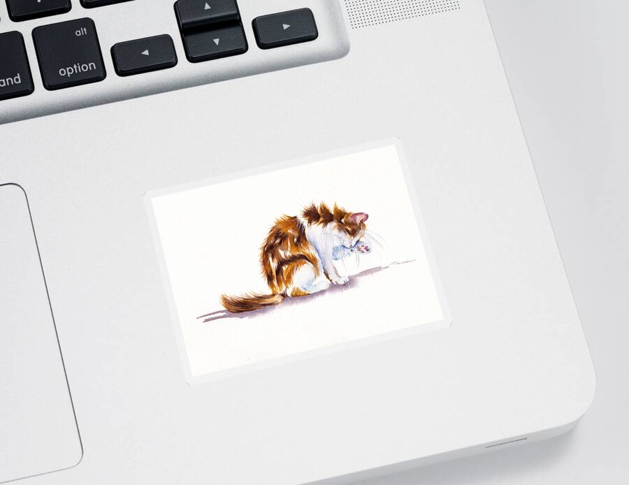 Calico Sticker featuring the painting Calico Cat Washing by Debra Hall