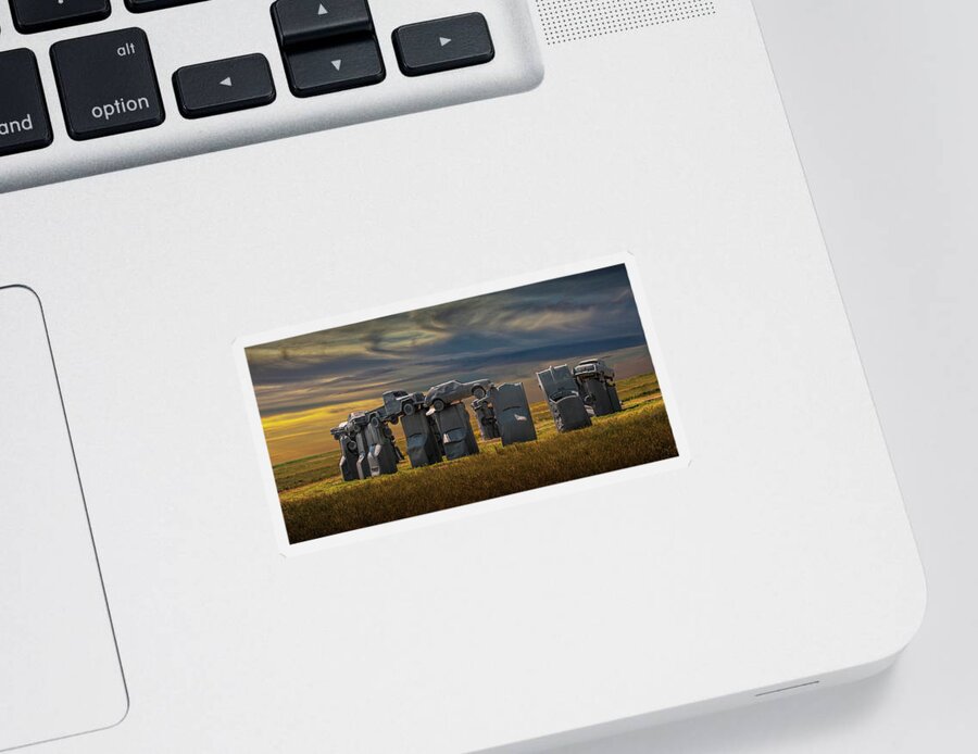 Henge Sticker featuring the photograph Car Henge in Alliance Nebraska at Sunset Panorama by Randall Nyhof
