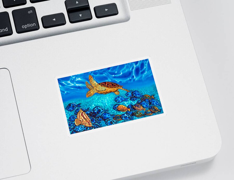 Turtle Sticker featuring the painting Caribbean Sea Turtle and Reef Fish by Daniel Jean-Baptiste