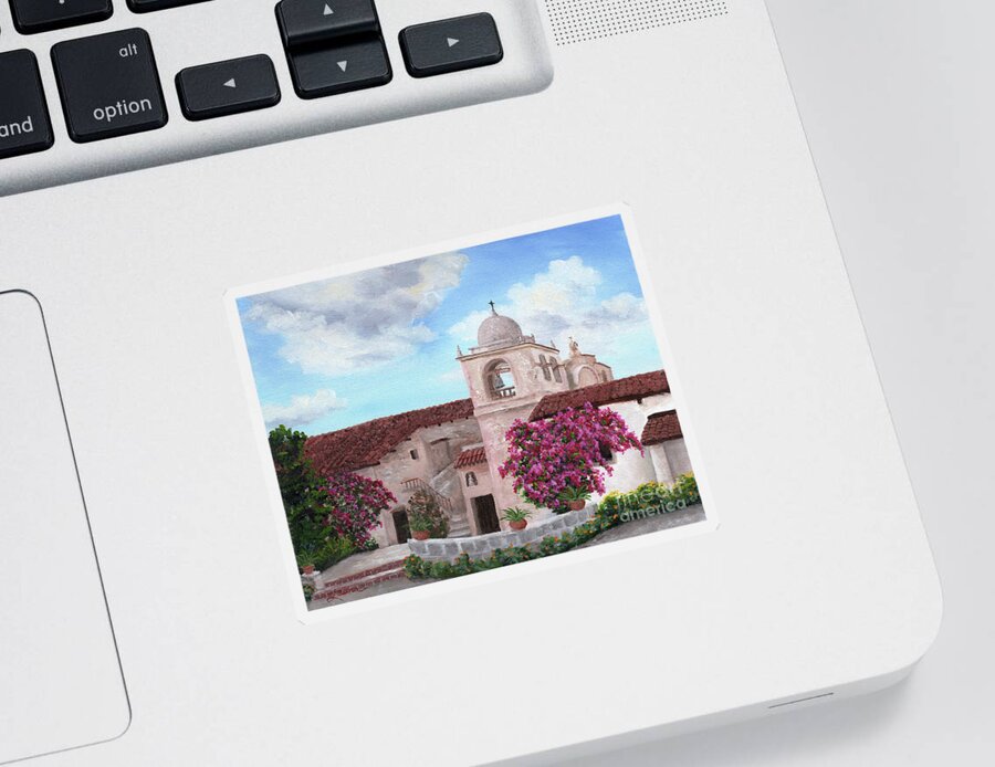 California Sticker featuring the painting Carmel Mission in Spring by Laura Iverson