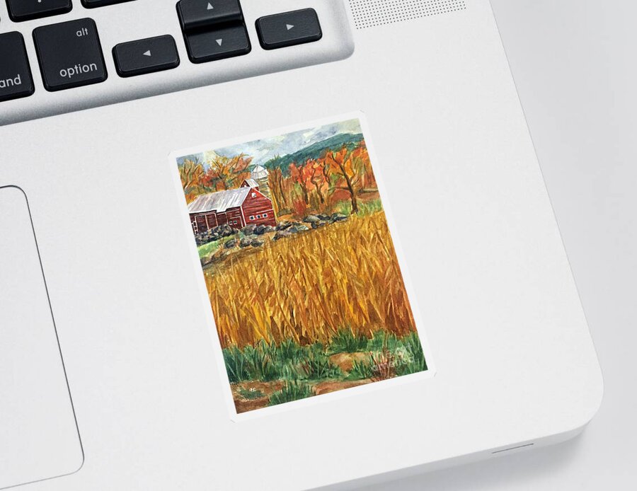 Red Barn Sticker featuring the painting Red Barn And Cornfields Catskills Autumn by Ellen Levinson