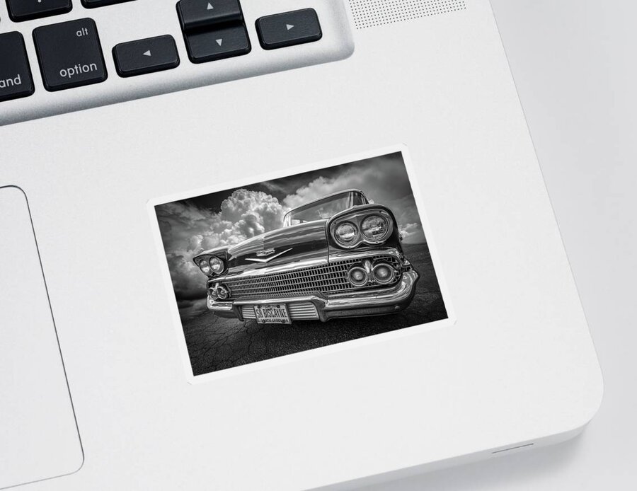 '58 Sticker featuring the photograph Chevrolet Biscayne 1958 in Black and White by Debra and Dave Vanderlaan