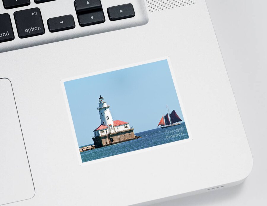 Boats Sticker featuring the photograph Chicago Harbor Lighthouse and a Tall Ship by David Levin
