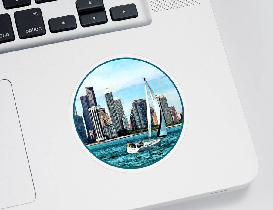 Chicago Sticker featuring the photograph Chicago IL - Sailboat Against Chicago Skyline by Susan Savad