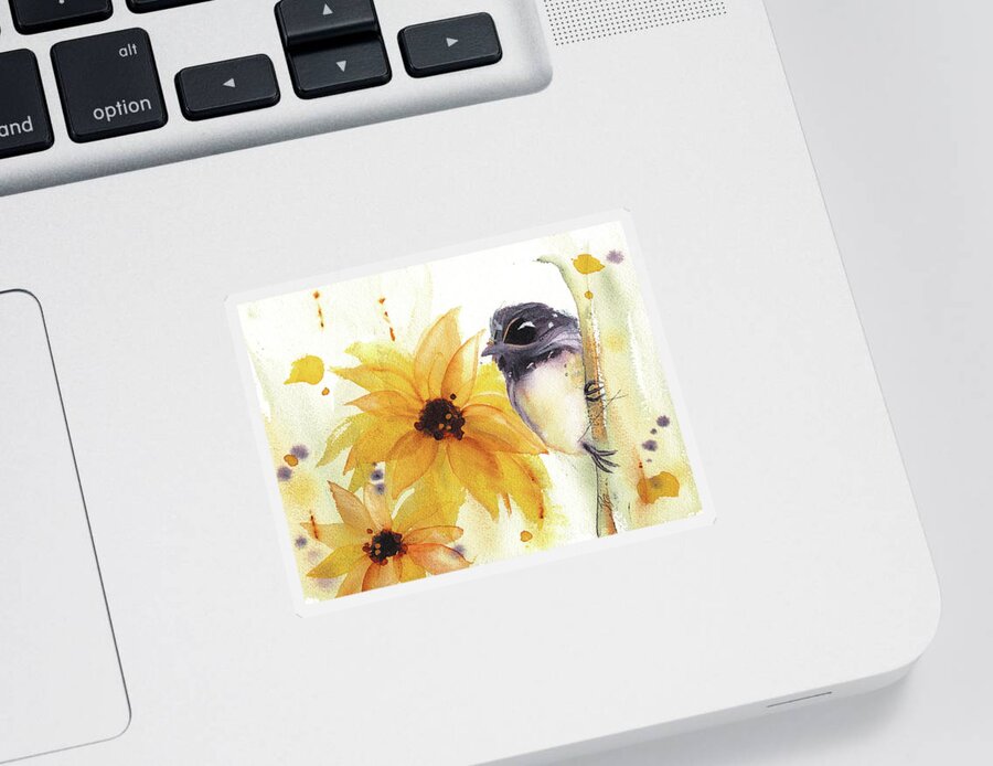 Watercolor Sticker featuring the painting Chickadee and Sunflowers by Dawn Derman