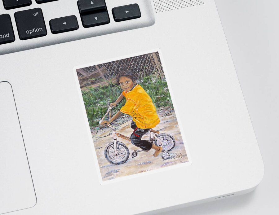 Boy Sticker featuring the painting Chico y bicicleta by Marilyn McNish