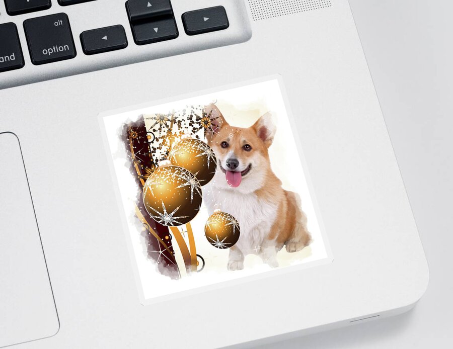 Holiday Sticker featuring the digital art Christmas Corgi with Ornaments by Kathy Kelly